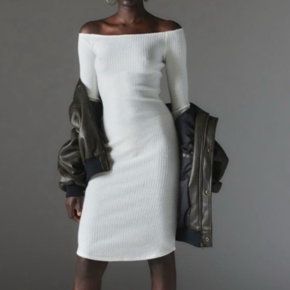 🟤NWT SILENCE + NOISE Cookie Cozy Off-The-Shoulder MIDI Dress in Cream